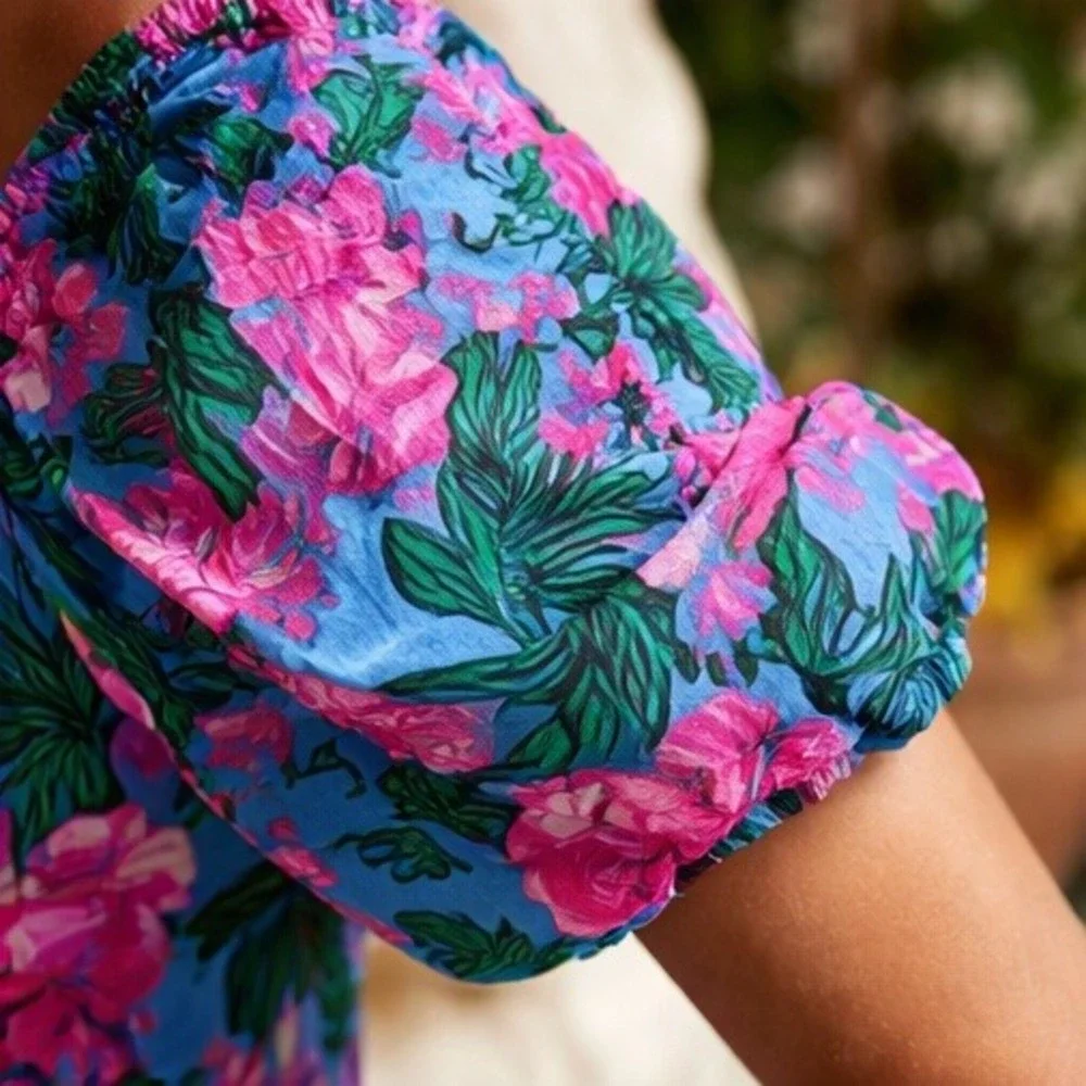 Lilly Pulitzer 2‎ Cerise Pink Safari Sunset Puff Sleeve Top Square Neck NWOT